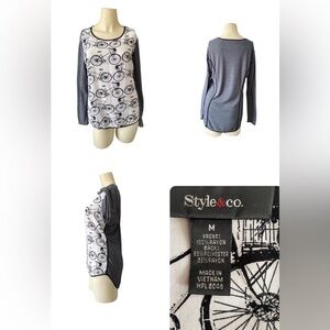 Style & Co. Bicycle Ride Print Long Sleeved Top Gray Grey White Black Women